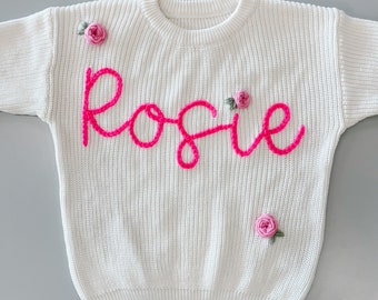 Embellished Custom Hand Embroidered Baby Name Sweater with Embellishments