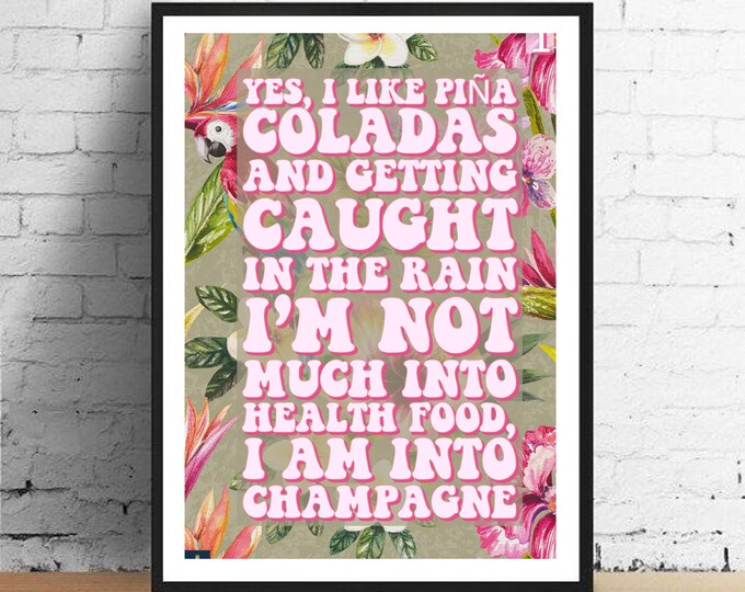 Pina Colada Print Rupert Holmes Escape Lyrics, Poster, Wall Art, Couples Gift, Champagne, 70s