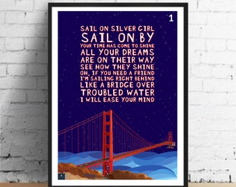 Bridge Over Troubled Water Lyrics Print - Affiche musicale inspirée de Simon et Garfunkel. Pendaison de crémaillère/Fête des Pères Cadeau Wall Art Décor années 70