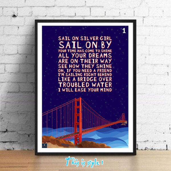 Bridge Over Troubled Water Lyrics Print - Simon and Garfunkel Inspired Music Poster. Housewarming/Fathers day Gift Wall Art Decor 70s