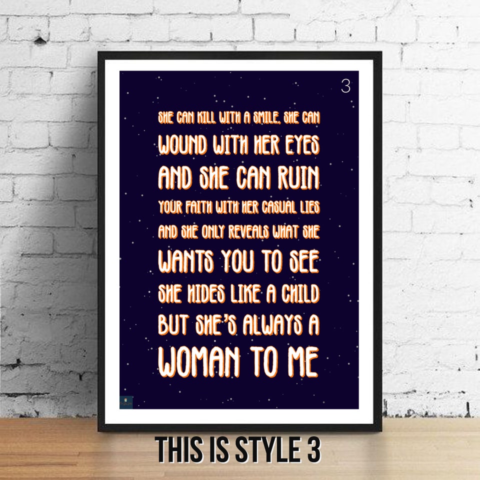 She's Always A Woman Lyrics Print - Billy Joel Inspired Music Poster sold  by Termite Sinhala, SKU 12742619