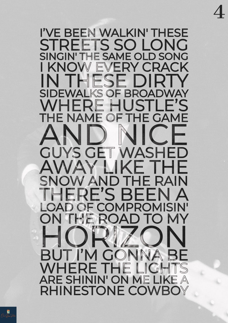 Rhinestone Cowboy Lyrics Print Glen Campbell Inspired Music Etsy