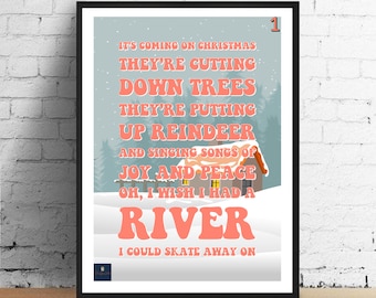 River Lyrics Print - Joni Mitchell Inspired Music Poster. Housewarming/Birthday Christmas Folk 70s Gift Wall Art Decor Typography