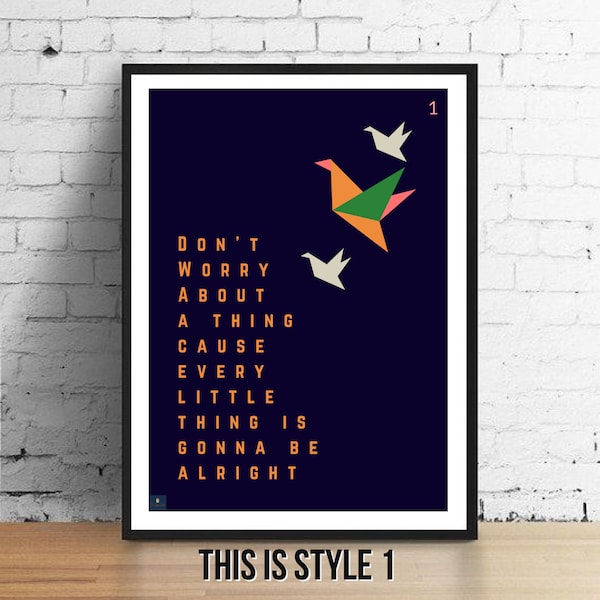Three Little Birds Lyrics Print - Bob Marley and The Wailers Inspiriertes Musik Poster. Einweihungsparty/Vätertagsgeschenk Wand Kunst Dekor Reggae 80er Jahre