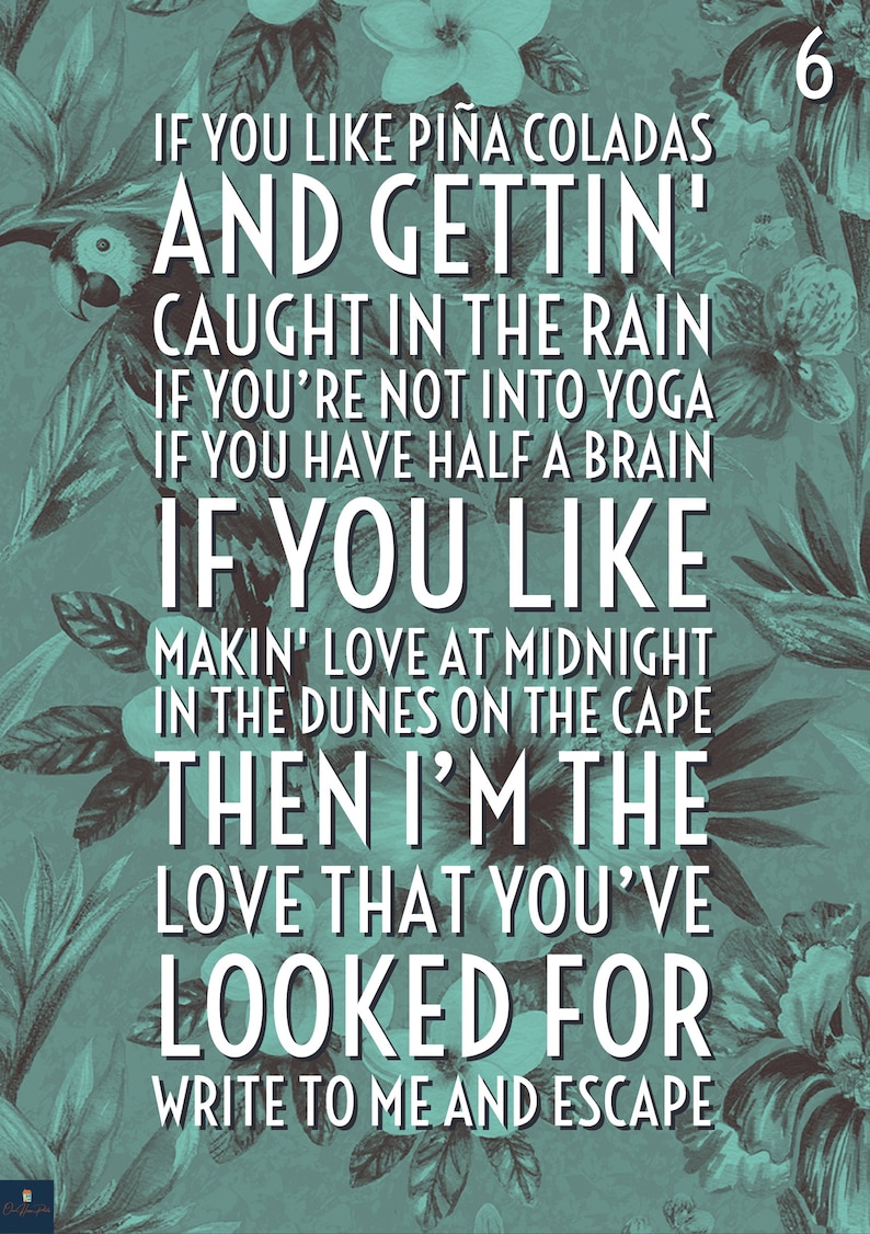 Escape the Piña Colada Song Lyrics Print Rupert Holmes Etsy UK Escape the Piña Colada Song Lyrics Print Rupert Holmes Etsy UK