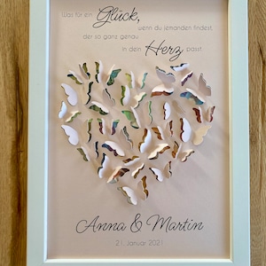 Personalisiertes Geldgeschenk "Herz aus Schmetterlingen" zur Hochzeit optional mit weißem Rahmen 21x30 cm