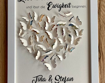 Personalisiertes Geldgeschenk "Herz" zur Hochzeit optional mit weißem Rahmen 21x30 cm