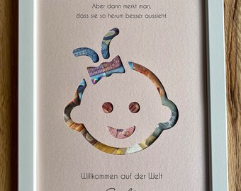 Personalisiertes Geldgeschenk „Baby Girl“ zur Geburt optional mit weißem Rahmen 21x30 cm