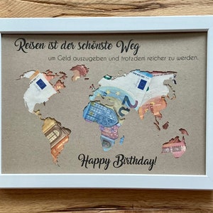 Mapa mundial de regalo de dinero personalizado para cumpleaños para los amantes de viajar, opcionalmente con marco blanco de 21 x 30 cm