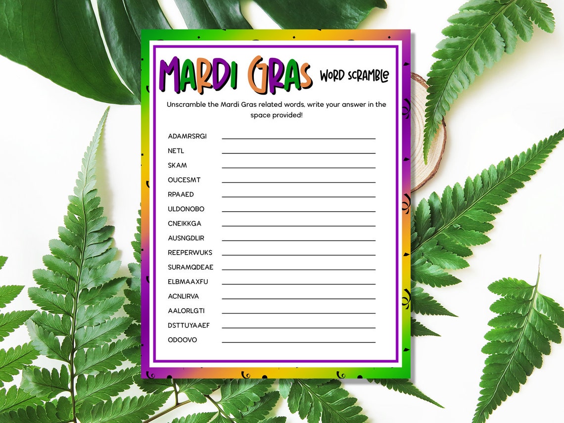 Mardi Gras Word Scramble Word Scramble Mardi Gras Party Games Mardi ...