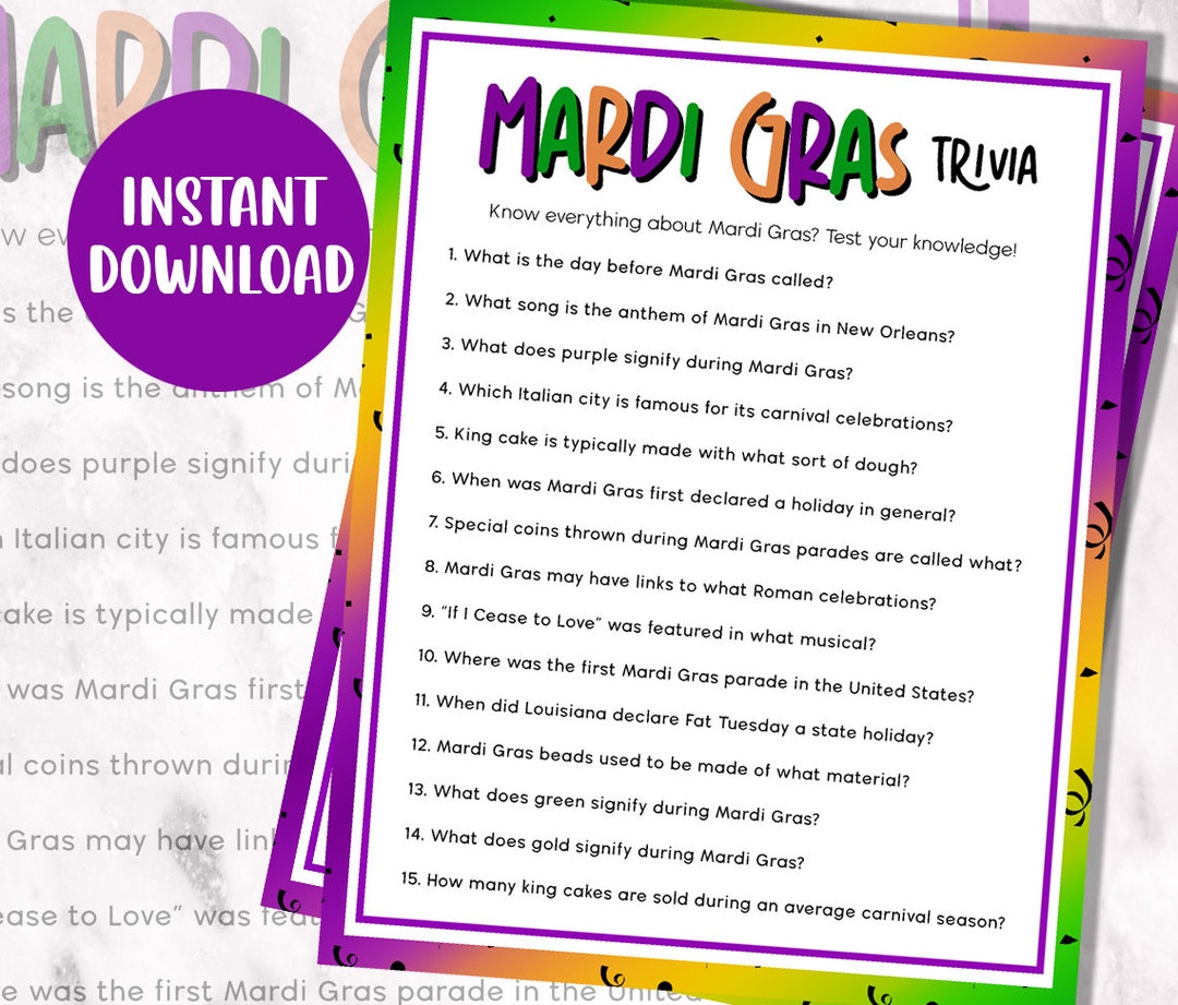 Mardi Gras Trivia Game  Printable Trivia  Fat Tuesday Party