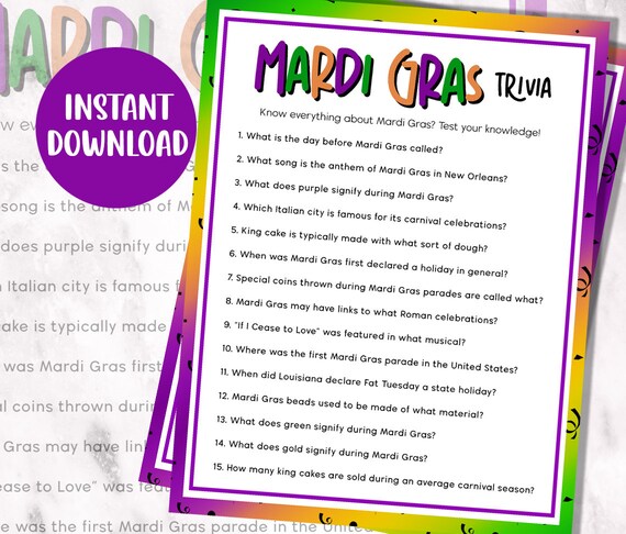 Mardi Gras Trivia Game Printable Trivia Fat Tuesday Party | Etsy