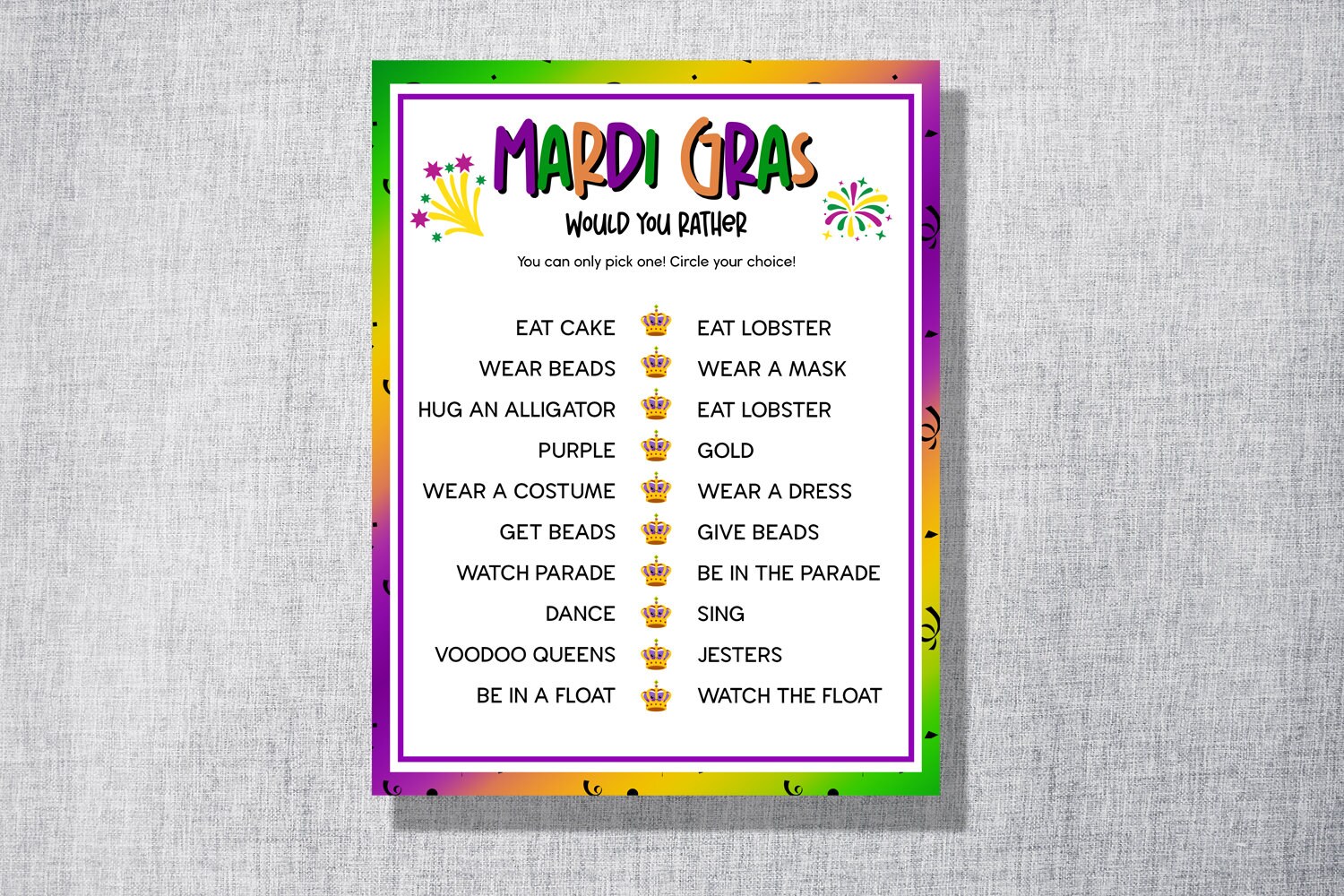 Mardi Gras Would You Rather Game for Kids, Mardi Gras Game, Mardi Gras ...