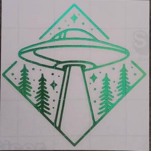 UFO, alieno, foresta, decalcomania, adesivo, vinile, fantascienza, tutto in uno.