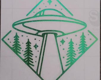 UFO, alien, skog, dekal, klistermärke, vinyl, sci-fi allt i ett.