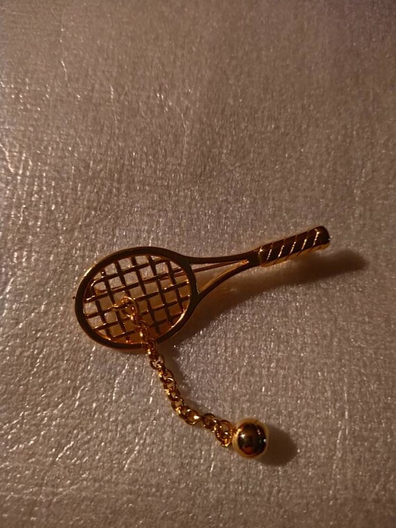 M Jent Gold Tone Tennis Racket & Chained Ball Broo
