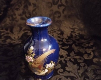 Oriental Handpainted Gold Gilt Cobalt Blue Mini Vase- Japan