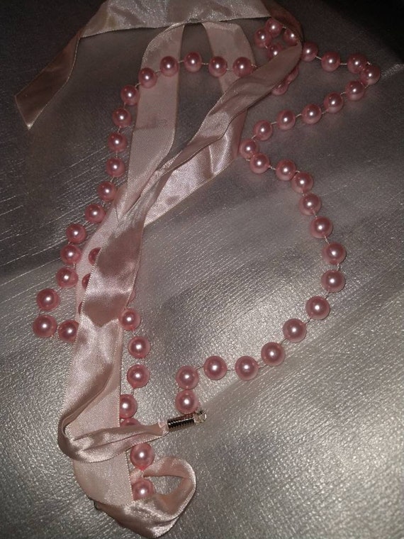 Long 60" Pink Ribbon & Bead Necklace - image 1