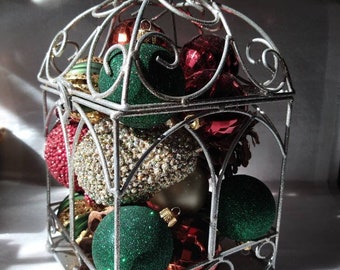 Holiday Home Decor Silver Birdcage with Ornaments