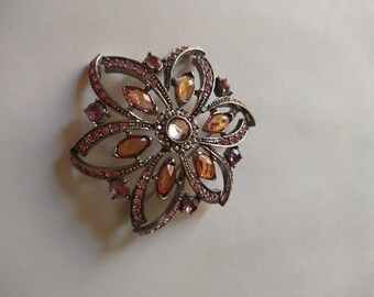 Silver Tone Blush Pink & Amber Rhinestone Brooch