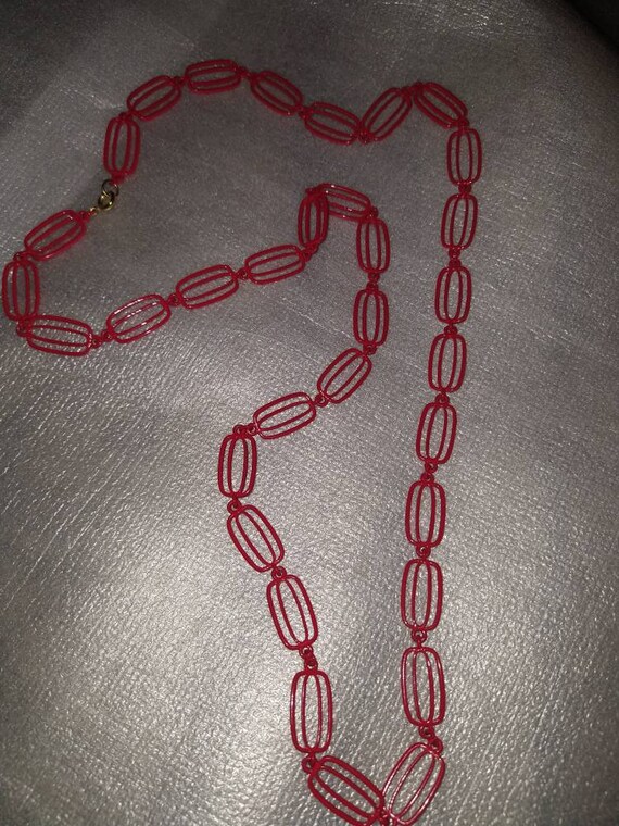 Red Enameled Metal Rectangular Linked 36" Necklace - image 2