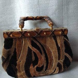 Vintage 60s Earth tone Upholstery Handbag w/ Wood Handle- Made in Italyl