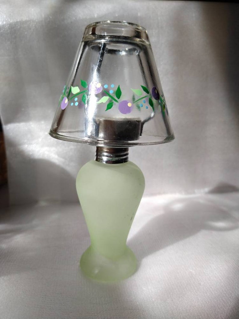 Frosted Green Glass Tea Light Lamp Hand Painted Shade Etsy