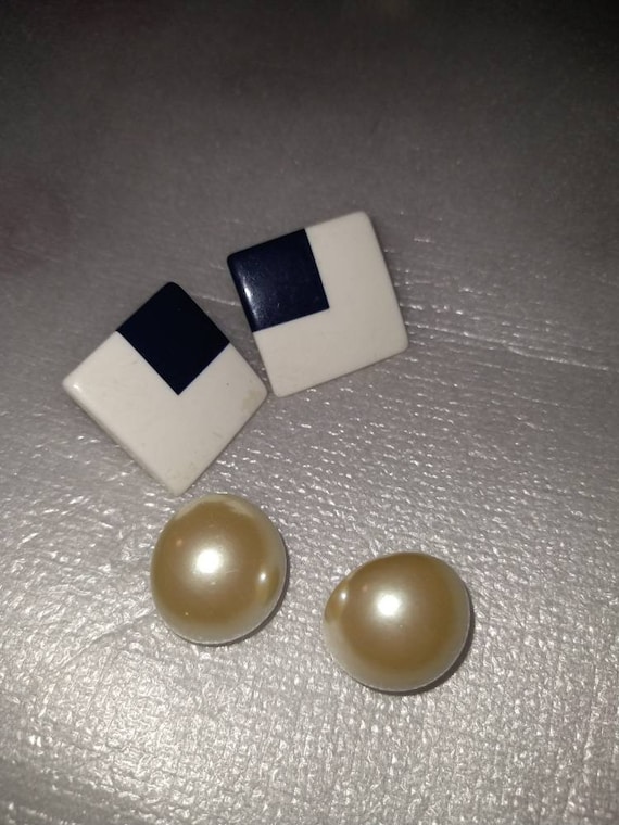 80s Era Stud Earrings- 'Pearl' & Blue/White Square - image 1