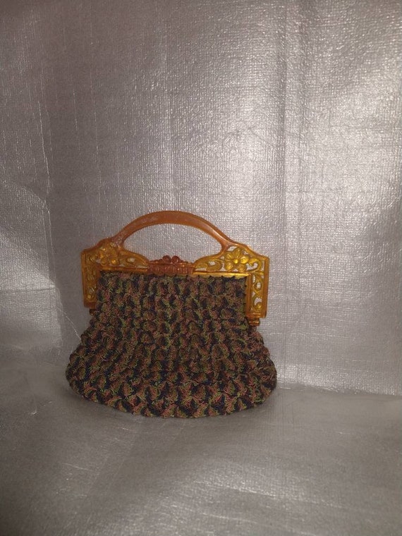 Small Boho Crochet Tote w/ Floral Lucite Handles - image 1