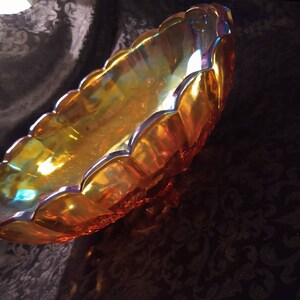 Opalescent Amber Carnival Glass Footed Oval Fruit Dish