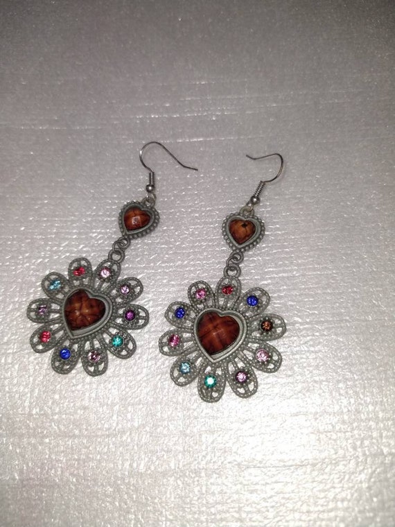 Pewter Beveled Heart & Multi Color Rhinestone Dan… - image 1