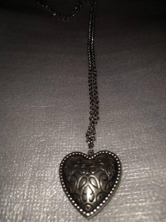 Silver Tone Puffed Scrollwork Heart Necklace - image 2