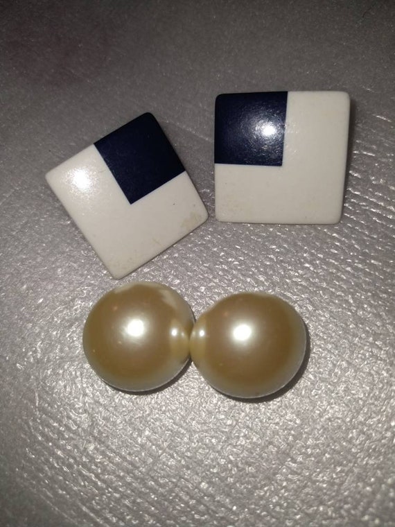 80s Era Stud Earrings- 'Pearl' & Blue/White Square - image 2