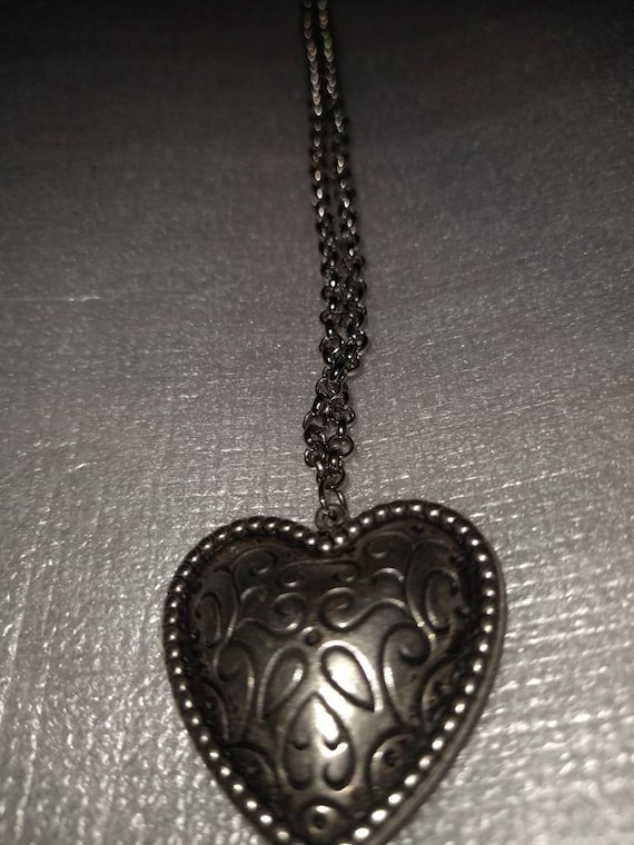 Silver Tone Puffed Scrollwork Heart Necklace - image 1
