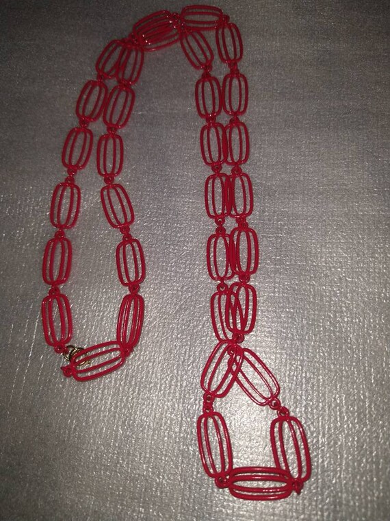 Red Enameled Metal Rectangular Linked 36" Necklace - image 1