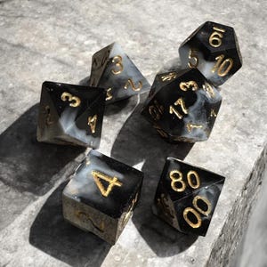 Six (6) Piece Dice Set, Black and White Marbled Dice Set with Gold Foil, Easy to Read Gold Numbering, Balanced Game Playing Dice, TTRPG Dice