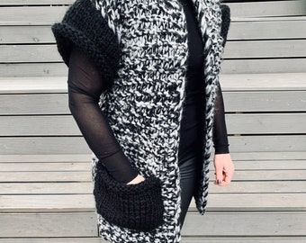 Fashionable handmade knitted vest - sweater named Black and White