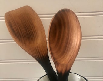 Spoon Saptula Set - Wooden Spoon - Wood Spatula - Charred Wood - Hardwood - Kitchen Utensils - Cooking- Cooking Utensils - Gifts for Cooks -