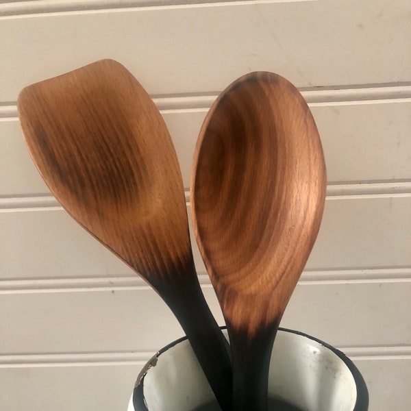 Spoon Saptula Set - Wooden Spoon - Wood Spatula - Charred Wood - Hardwood - Kitchen Utensils - Cooking- Cooking Utensils - Gifts for Cooks -