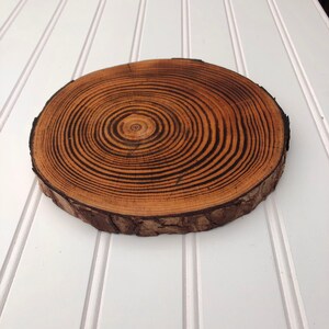 May include: A round wooden slice with a natural bark edge and a dark brown wood grain pattern. The wood grain is in concentric circles.