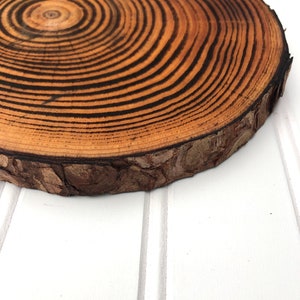 May include: A round wooden slice with a natural bark edge. The wood has a dark brown center with light brown rings radiating outwards.
