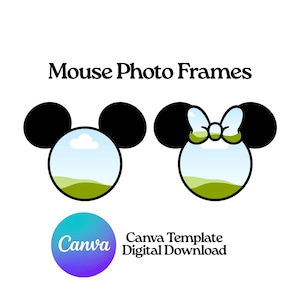 Può includere: Due cornici per foto a forma di topo con orecchie nere e centri circolari. Una cornice ha un fiocco. I centri mostrano un paesaggio con colline verdi e cielo blu. Il testo recita "Mouse Photo Frames" e "Canva Template Digital Download".