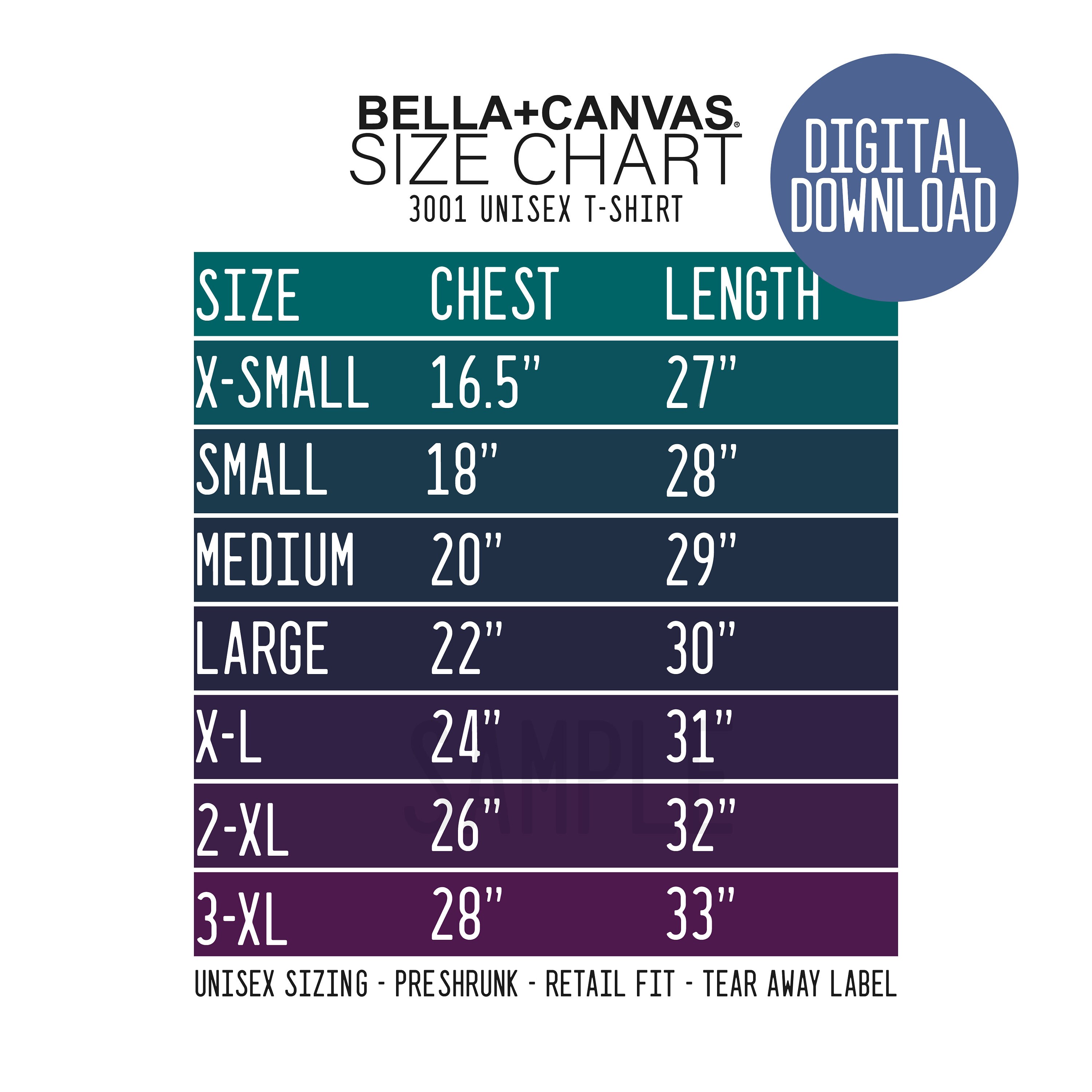 Bella Canvas 3001 Size Chart Bella Canvas Size Chart | Etsy