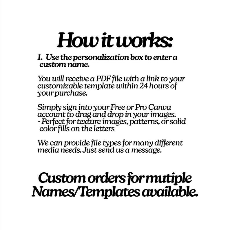 May include: White background with black text explaining how to customize templates. The text includes instructions on entering a custom name, receiving a PDF file, and using Canva. It also mentions custom orders for multiple names and templates.