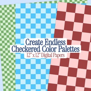 May include: Three digital paper designs with checkered patterns in green and white, blue and white, and red and white. The papers are 12 inches by 12 inches and are perfect for creating endless checkered color palettes.