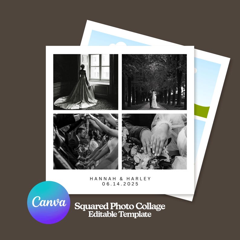 May include: A monochrome photo collage of a wedding, with four images: a bride, a couple, hands with rings, and a group toasting. Text reads "HANNAH & HARLEY 06.14.2025". The collage is a square template.
