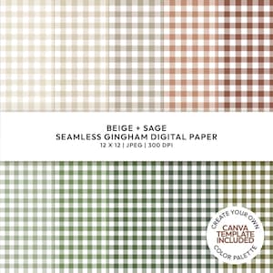 Sage Beige Gingham Digital Paper, Printable Patterned Paper, Gingham Swatches