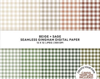 Digitalt papper med ginghammönster i salviabeige, utskrivbart mönstrat papper, ginghamfärgprover
