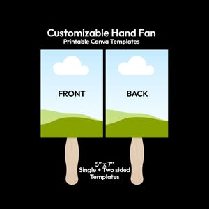 May include: Two-sided hand fan template with a blue sky and cloud design. The front and back of the fan are displayed, with the word "FRONT" and "BACK" on each side. The fan measures 5" x 7" and is a single or two-sided template.