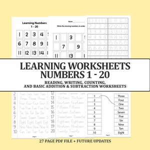Learn Numbers 1 - 20 Worksheets, Kindergarten Math, Intro to numbers printable